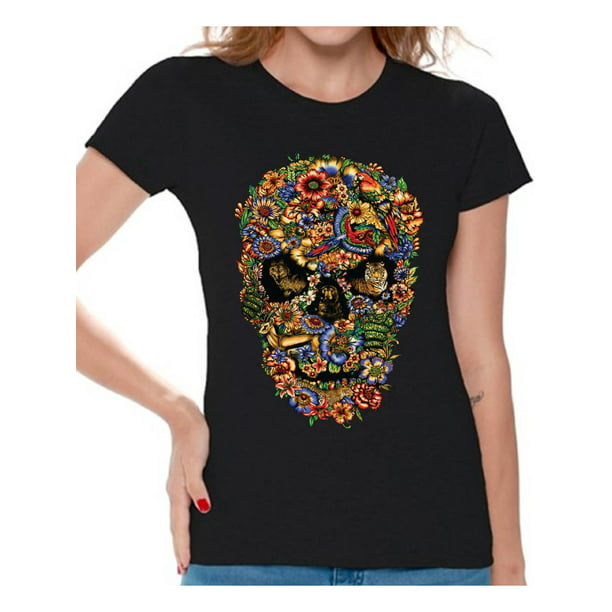 Dead Girl with Roses T-Shirt Sugar Skull Face Day of the Dead Mens Tee Shirt 